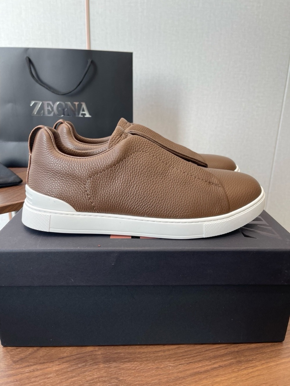 ZEGNA Brown Leather Slip-On Sneakers for Men